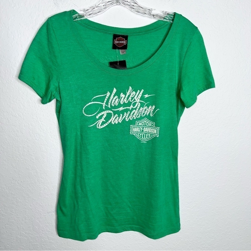 Harley Davidson Shirt Top Women Medium Rhinestone Studded Green Short Sleeve B12